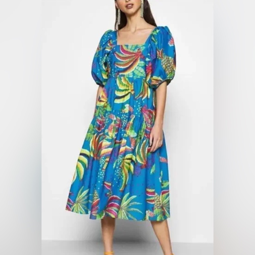 Farm Rio Blue Banana tropical dress tiered puff sleeves M cotton lunch cruise
